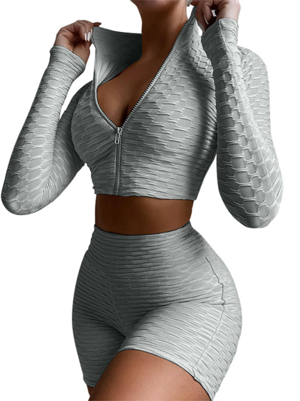 Grey Women's Shape Wear Jacket and Shorts Matching Set, Athletic Clothes and Fitness Wear