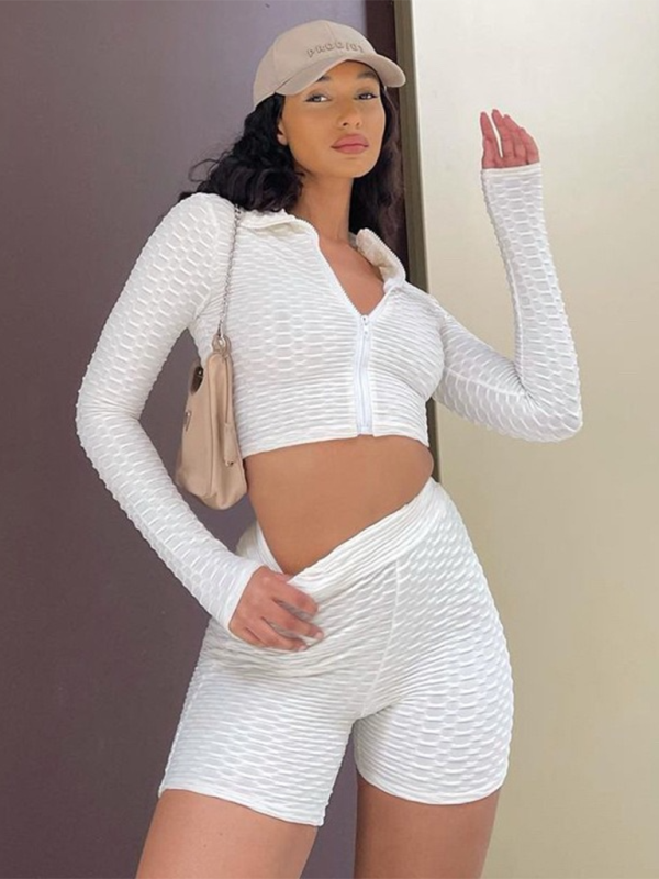 White Women's Shape Wear Jacket and Shorts Matching Set, Athletic Clothes and Fitness Wear
