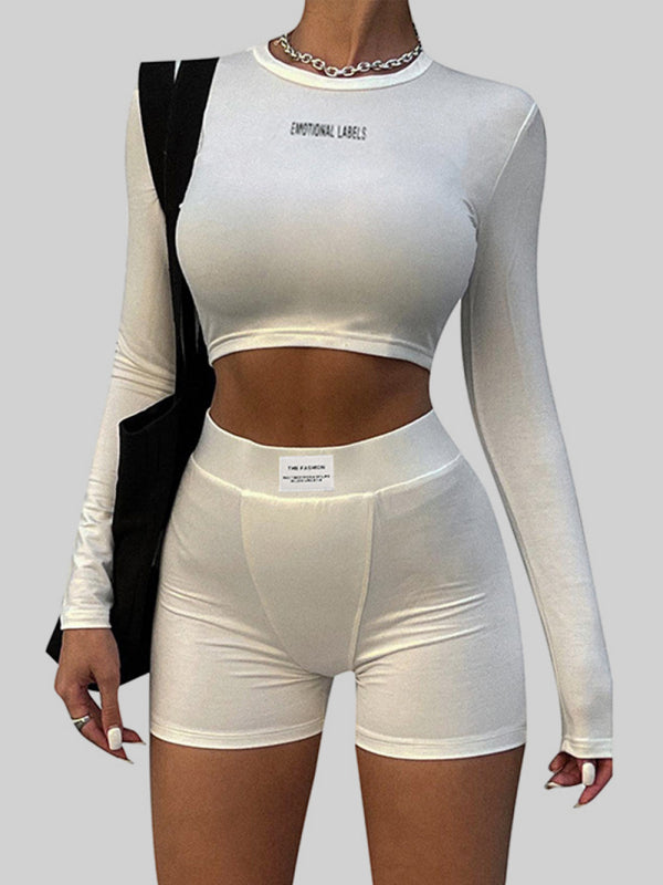 White Women's Shirt and Shorts Matching Set, Athletic Clothes and Fitness Wear