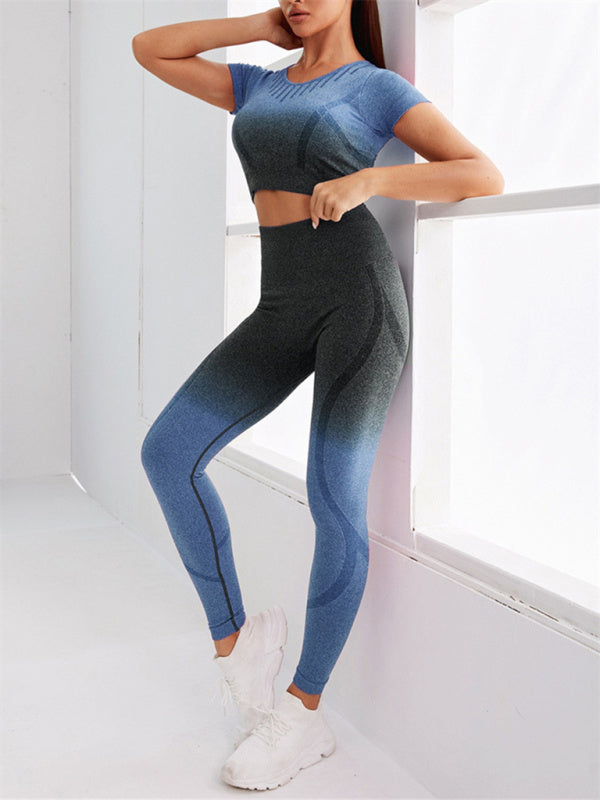 Dark Blue Short Sleeve Shirt and Leggings Matching Set, Athletic Clothes and Fitness Wear