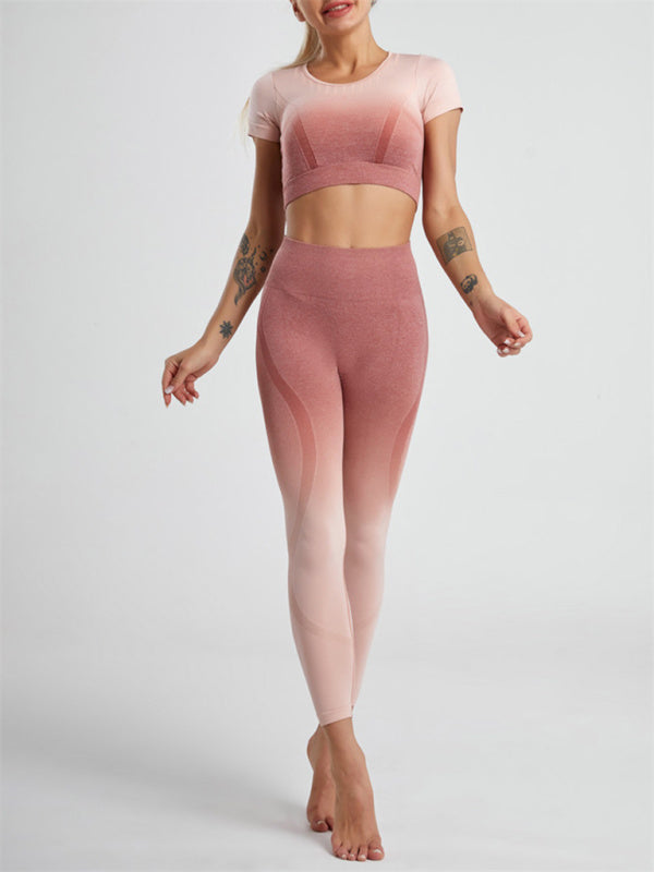 Pink Short Sleeve Shirt and Leggings Matching Set, Athletic Clothes and Fitness Wear