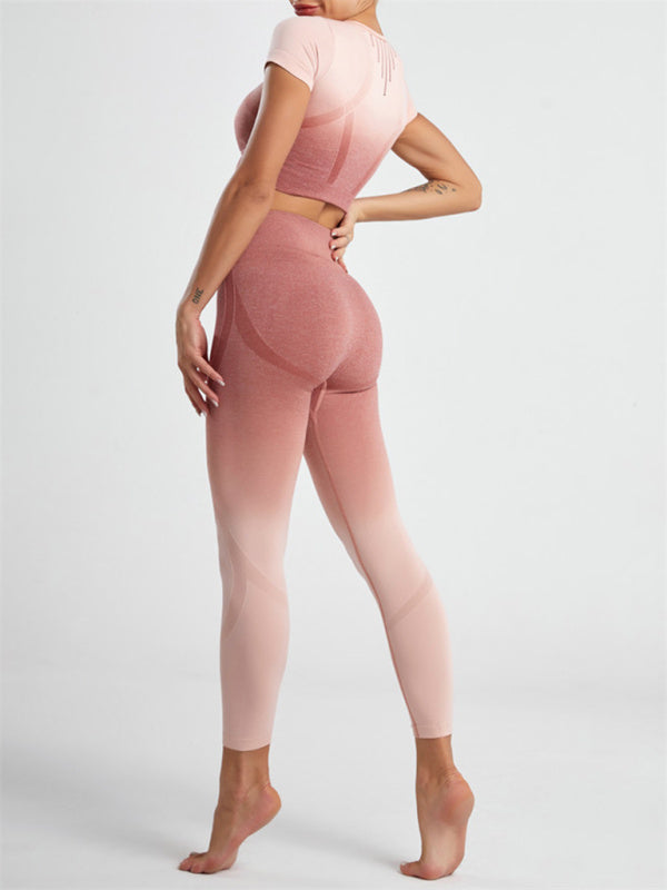 Pink Short Sleeve Shirt and Leggings Matching Set, Athletic Clothes and Fitness Wear