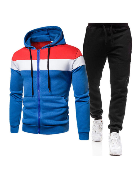 Blue, White, and Red Men's Sweatpants and Sweatshirt with Hood Sweatsuit Matching Set, Athletic Clothes and Fitness Wear