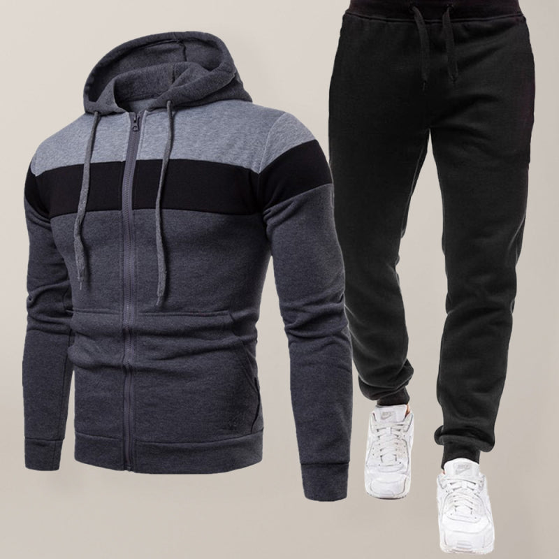 Black and Grey Men's Sweatpants and Sweatshirt with Hood Sweatsuit Matching Set, Athletic Clothes and Fitness Wear