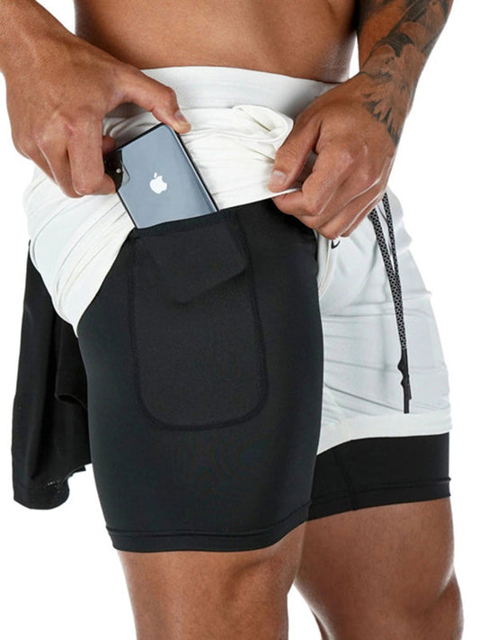 White Men's Sports Running Shorts with Pockets, Athletic Clothes and Fitness Wear
