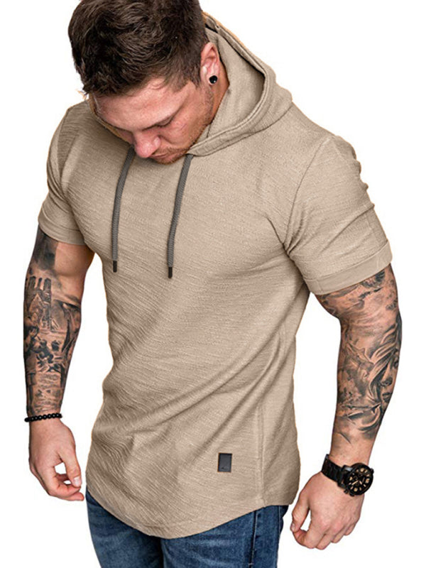 Khaki Men's Short Sleeve Shirt with Hood, Athletic Clothes and Fitness Wear