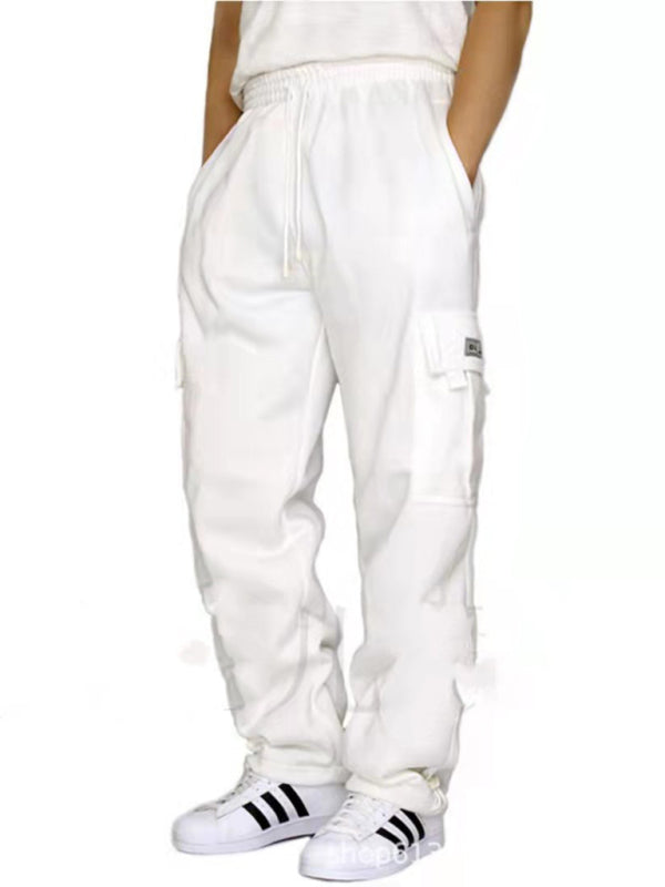 White Men's Sweatpants with Pockets, Athletic Clothes and Fitness Wear