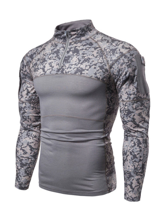 Men's Grey Camo Print Compression Shirt, Athletic Clothes and Fitness Wear