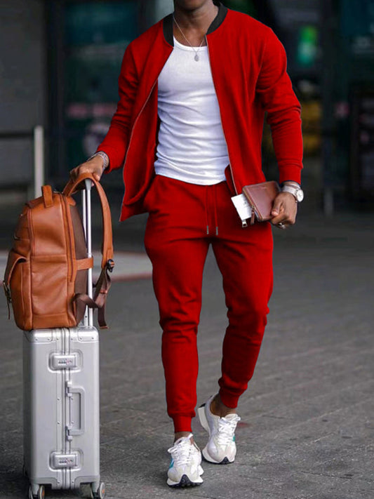 Red Men's Jogger Sweatpants and Jacket Matching Set, Athletic Clothes and Gym Wear