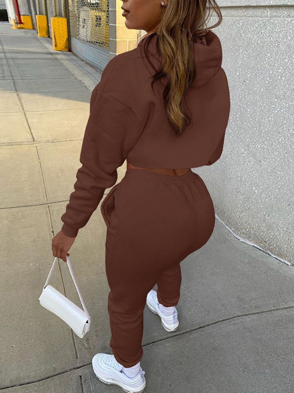 Brown Women's Sweatpants, Tank Top, and Cutout Front Sweatshirt Matching Set, Athletic Clothes and Fitness Wear