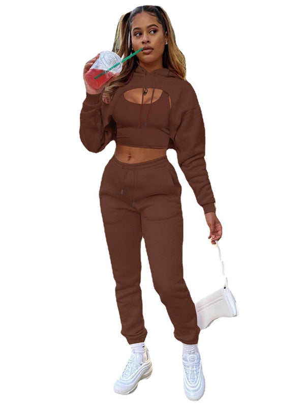 Brown Women's Sweatpants, Tank Top, and Cutout Front Sweatshirt Matching Set, Athletic Clothes and Fitness Wear