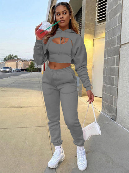 Grey Women's Sweatpants, Tank Top, and Cutout Front Sweatshirt Matching Set, Athletic Clothes and Fitness Wear