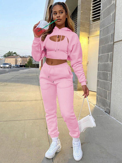 Light Pink Women's Sweatpants, Tank Top, and Cutout Front Sweatshirt Matching Set, Athletic Clothes and Fitness Wear