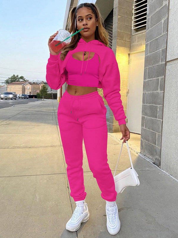 Hot Pink Women's Sweatpants, Tank Top, and Cutout Front Sweatshirt Matching Set, Athletic Clothes and Fitness Wear