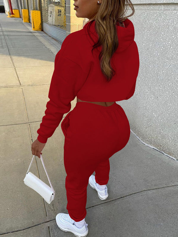 Red Women's Sweatpants, Tank Top, and Cutout Front Sweatshirt Matching Set, Athletic Clothes and Fitness Wear