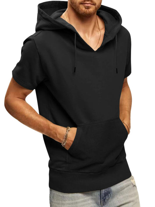 Black Men's Short Sleeve Hood Sweatshirt, Athletic Clothes and Fitness Wear