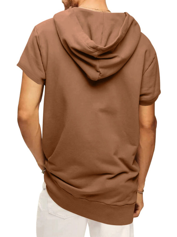 Brown Men's Short Sleeve Hood Sweatshirt, Athletic Clothes and Fitness Wear