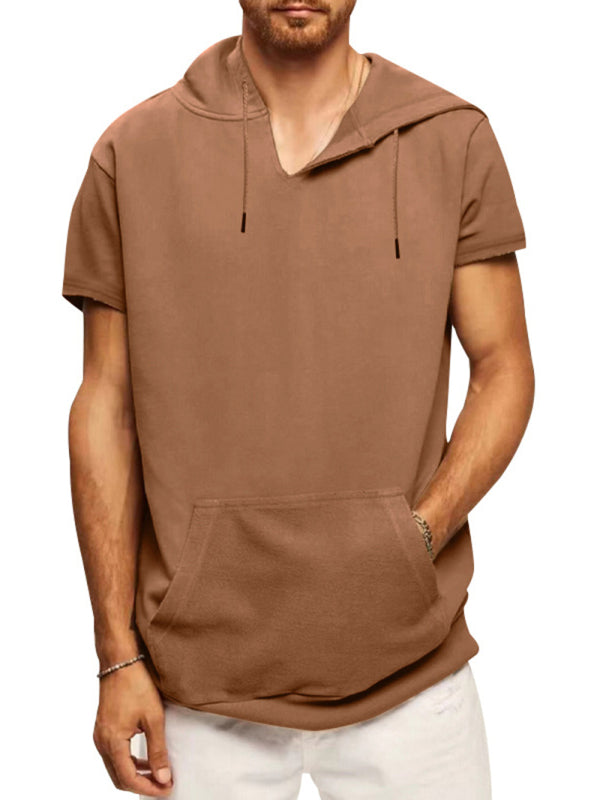 Brown Men's Short Sleeve Hood Sweatshirt, Athletic Clothes and Fitness Wear
