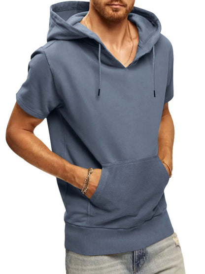 Grey Men's Short Sleeve Hood Sweatshirt, Athletic Clothes and Fitness Wear