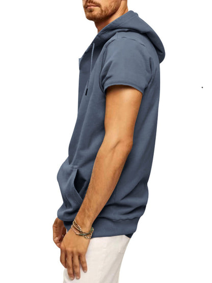 Grey Men's Short Sleeve Hood Sweatshirt, Athletic Clothes and Fitness Wear
