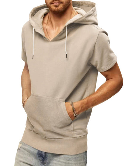 Khaki Men's Short Sleeve Hood Sweatshirt, Athletic Clothes and Fitness Wear