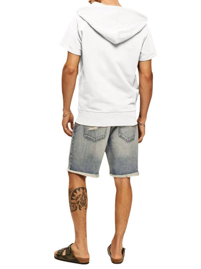 White Men's Short Sleeve Hood Sweatshirt, Athletic Clothes and Fitness Wear
