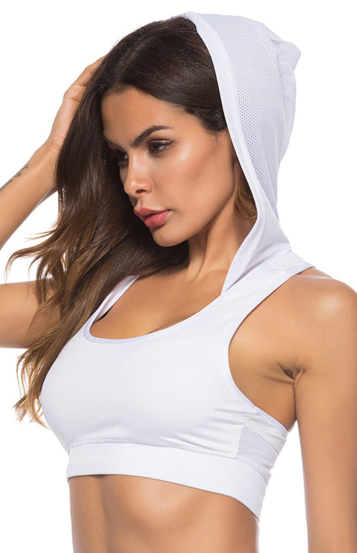 White Women's Sports Bra with Hood, Athletic Clothes and Fitness Wear