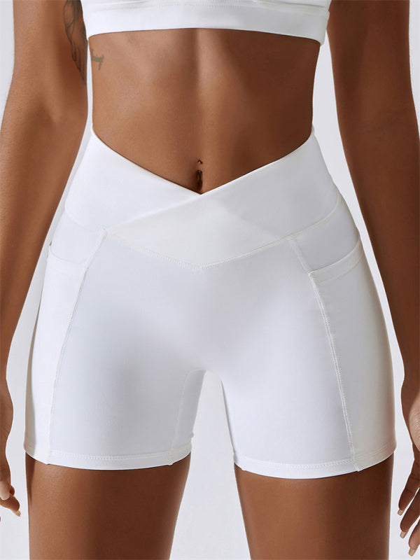 White Women's Sports Shorts with Pockets, Athletic Clothes and Fitness Wear