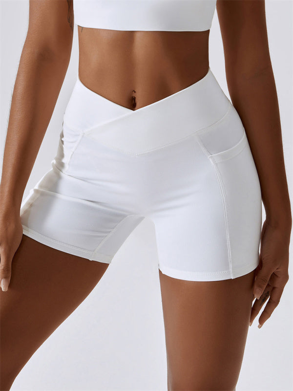 White Women's Sports Shorts with Pockets, Athletic Clothes and Fitness Wear