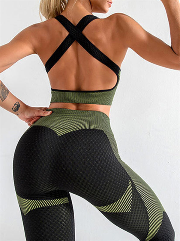 Black and Green Women's Sports Bra and Leggings Matching Set, Athletic Clothes and Fitness Wear