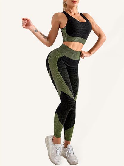 Black and Green Women's Sports Bra and Leggings Matching Set, Athletic Clothes and Fitness Wear