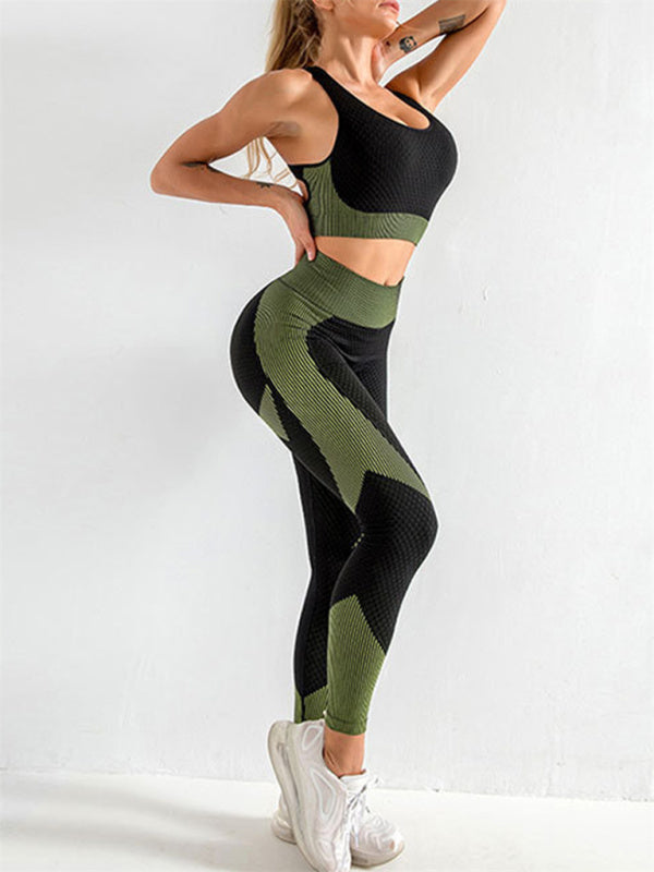 Black and Green Women's Sports Bra and Leggings Matching Set, Athletic Clothes and Fitness Wear