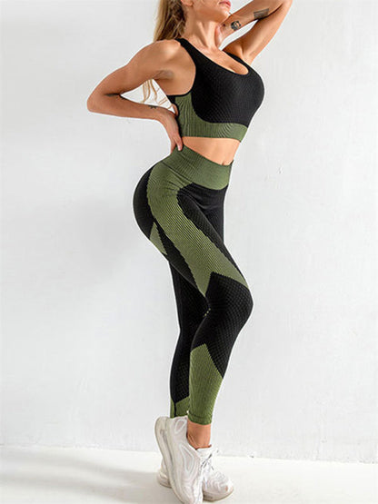 Black and Green Women's Sports Bra and Leggings Matching Set, Athletic Clothes and Fitness Wear
