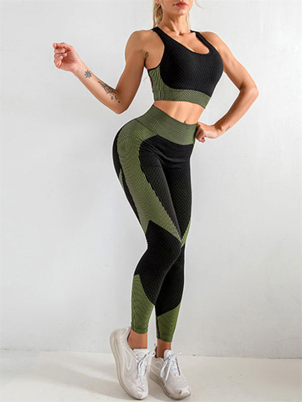 Black and Green Women's Sports Bra and Leggings Matching Set, Athletic Clothes and Fitness Wear