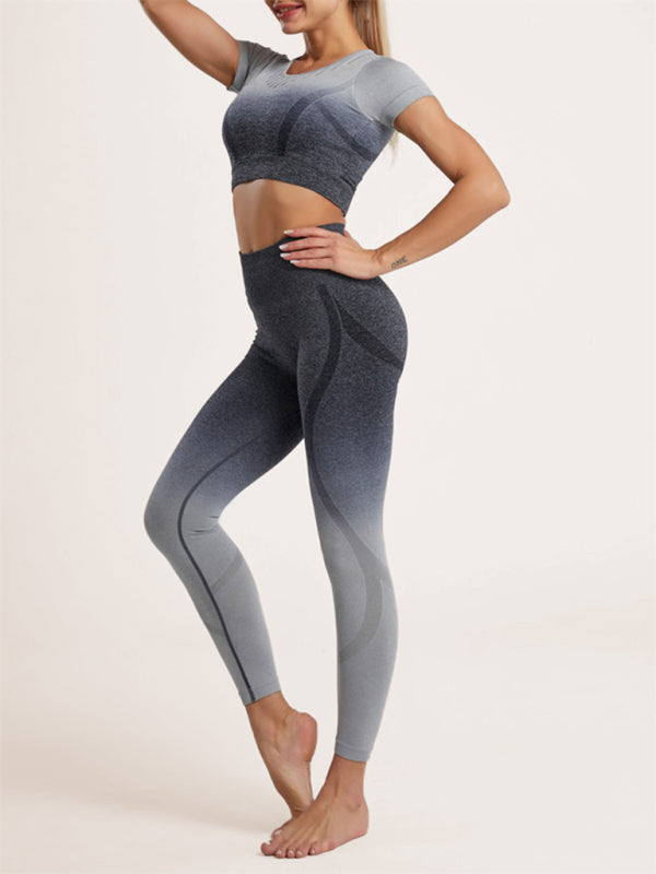 Grey Short Sleeve Shirt and Leggings Matching Set, Athletic Clothes and Fitness Wear