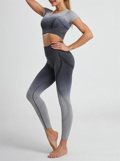 Grey Short Sleeve Shirt and Leggings Matching Set, Athletic Clothes and Fitness Wear