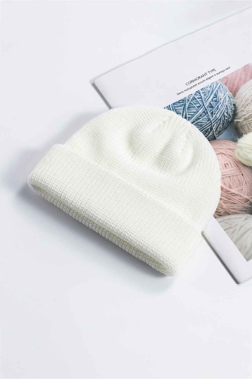 White Unisex Knit Cuff Beanie, Gym Accessories and Fitness Accessory