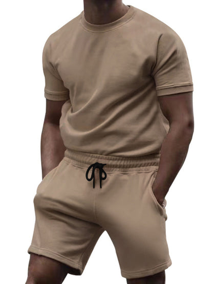 Khaki Men’s Short Sleeve and Shorts Matching Set, Gym Clothes and Athletic Wear